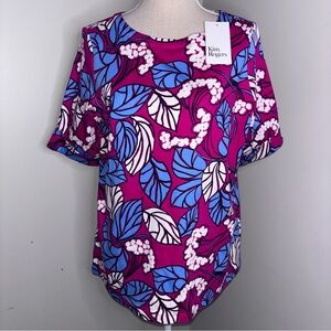 Kim Rogers NEW hot pink Hawaiian floral short cuffed sleeve tee shirt size Large
